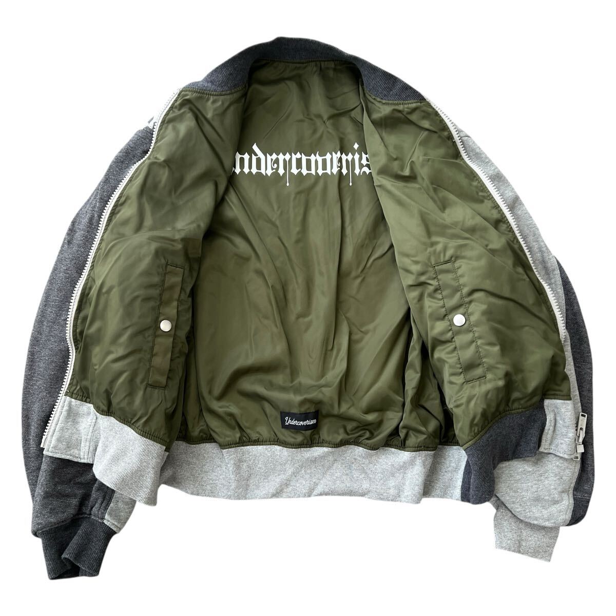 Undercoverism SS2022 Rebel Gods Hybrid Reversible MA-1 and Sweatpants Set, Grey and Olive, Size 3, Deadstock, view 4