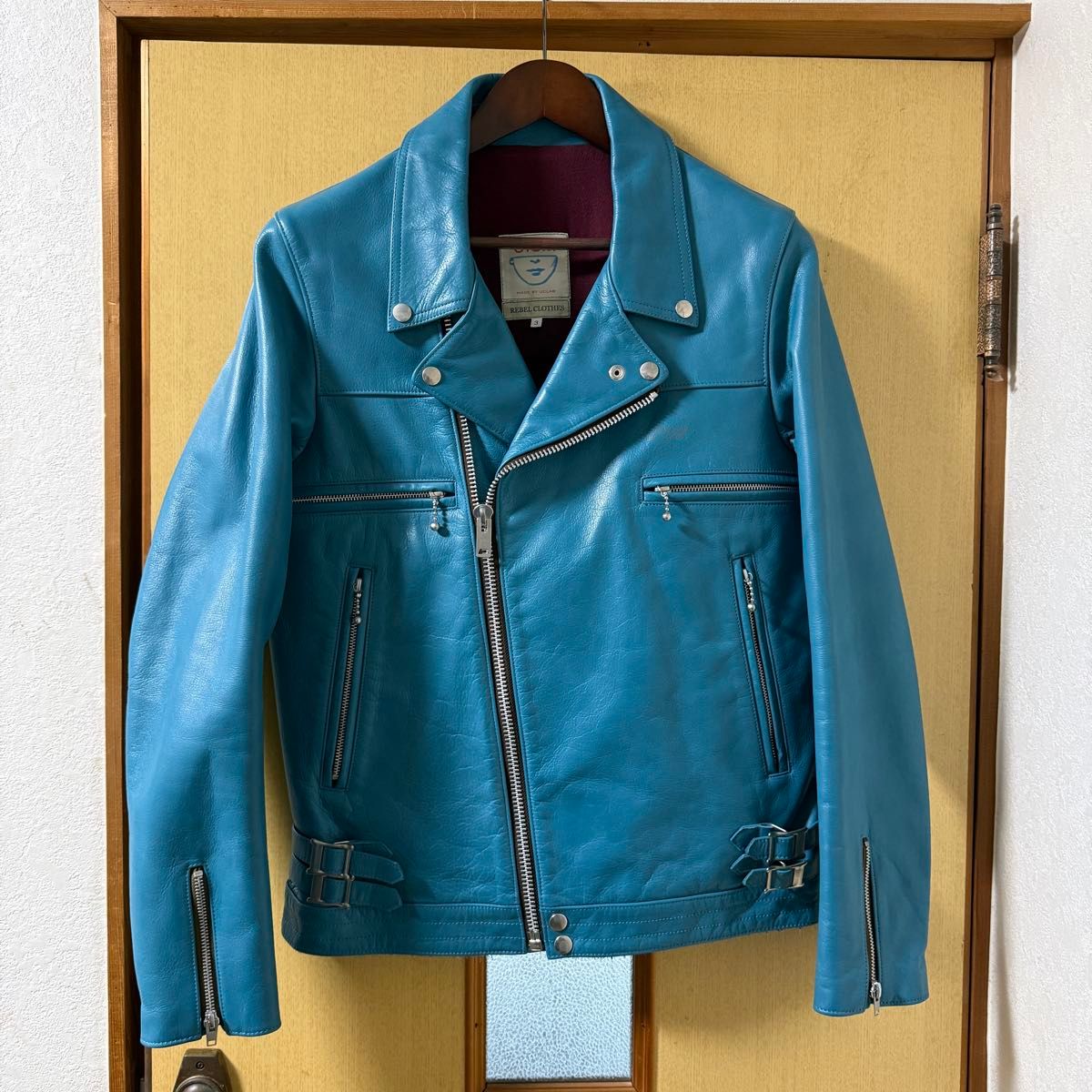 Undercoverism Turquoise Cowhide Rider Jacket, UISM Rebel Clothes Label, Burgundy Lining, Size 3, view 1