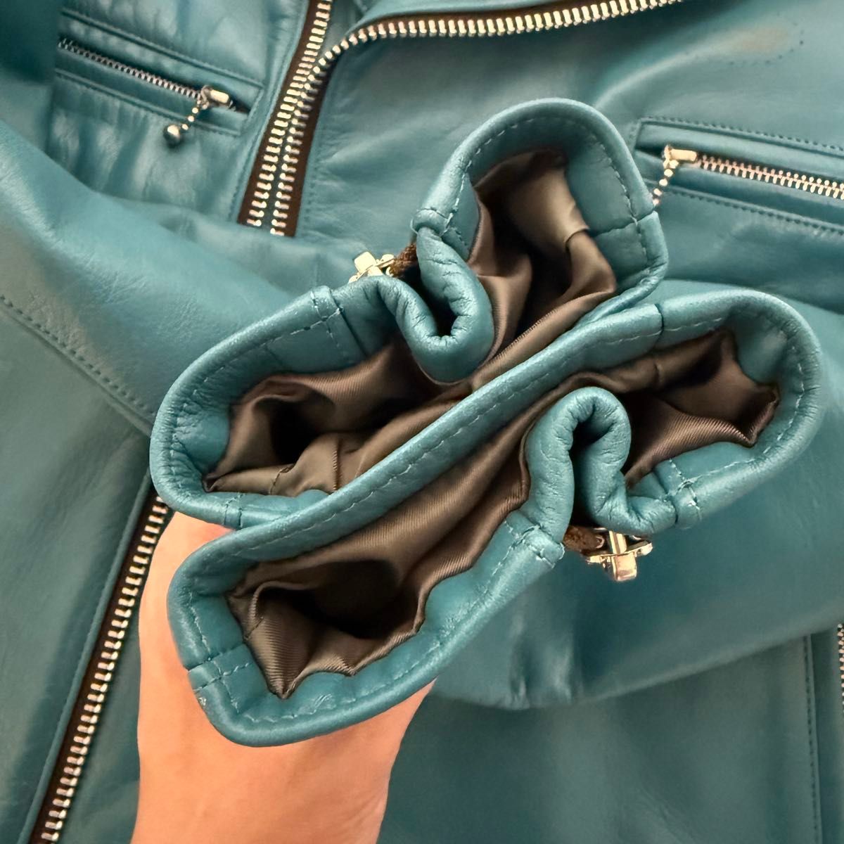 Undercoverism Turquoise Cowhide Rider Jacket, UISM Rebel Clothes Label, Burgundy Lining, Size 3, view 8