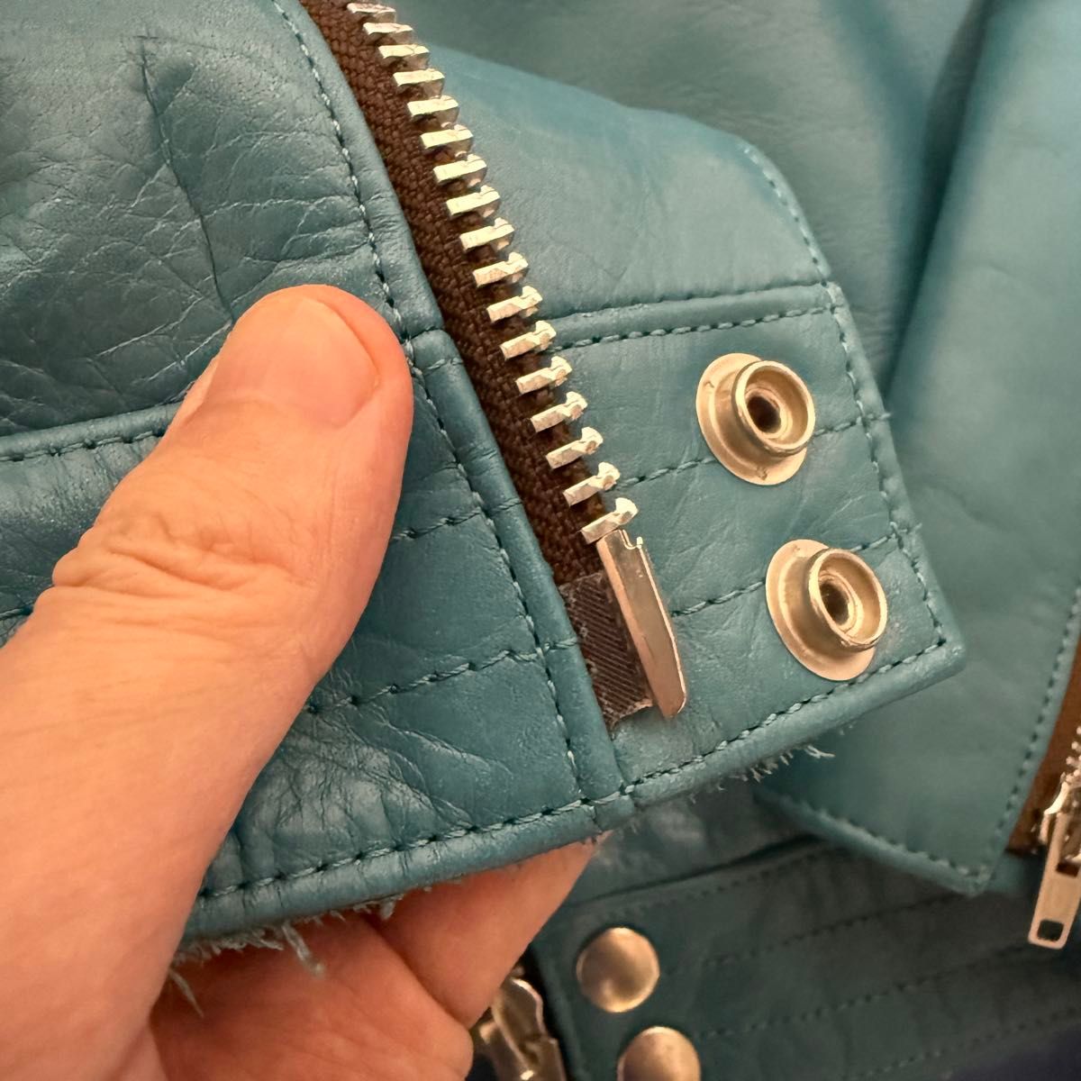 Undercoverism Turquoise Cowhide Rider Jacket, UISM Rebel Clothes Label, Burgundy Lining, Size 3, view 9