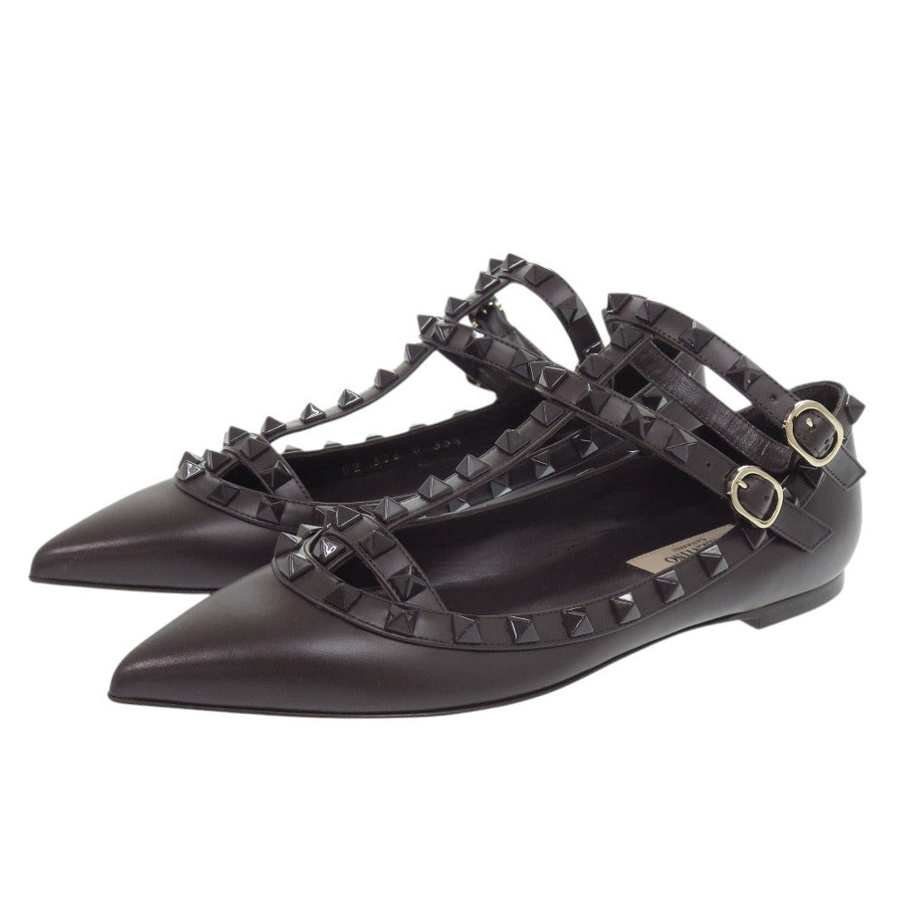 Valentino Garavani Rockstud Ankle-Strap Flats 2W0S0376, Dark Brown Leather, Size 35½, Unused, view 1