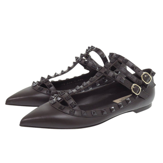 Valentino Garavani Rockstud Ankle-Strap Flats 2W0S0376, Dark Brown Leather, Size 35½, Unused, view 1