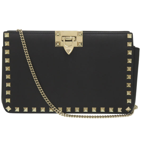 Valentino Garavani Rockstud Chain Shoulder Bag, Black Leather, Gold Studs, view 1