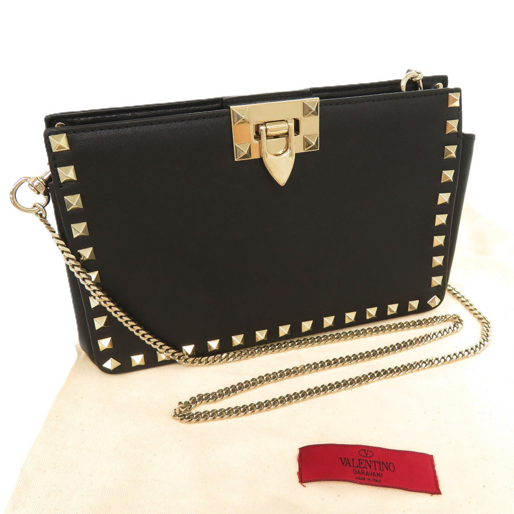Valentino Garavani Rockstud Chain Shoulder Bag, Black Leather, Gold Studs, view 2