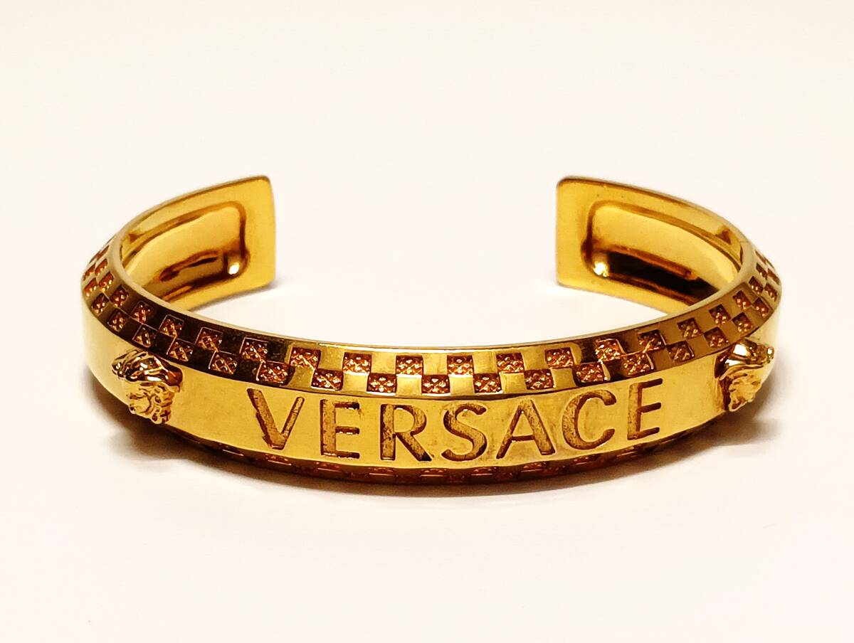 Versace Logo Cuff Bracelet with Twin Medusa Terminals, Gold Tone, 17 cm, with Box, view 1