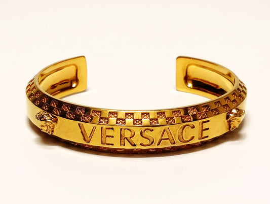 Versace Logo Cuff Bracelet with Twin Medusa Terminals, Gold Tone, 17 cm, with Box, view 1