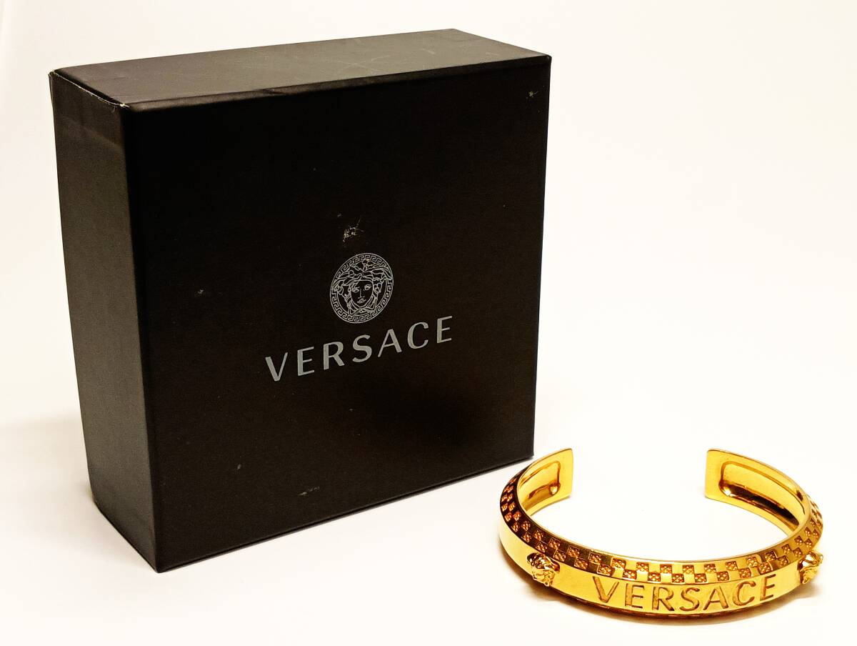 Versace Logo Cuff Bracelet with Twin Medusa Terminals, Gold Tone, 17 cm, with Box, view 2