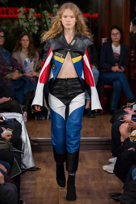 Vetements SS2016 Pour Femme Leather Biker Trousers, Black, Blue and White Panels, Size S, view 1