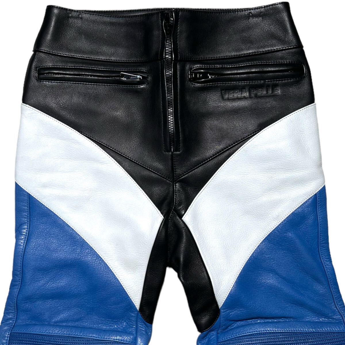 Vetements SS2016 Pour Femme Leather Biker Trousers, Black, Blue and White Panels, Size S, view 4