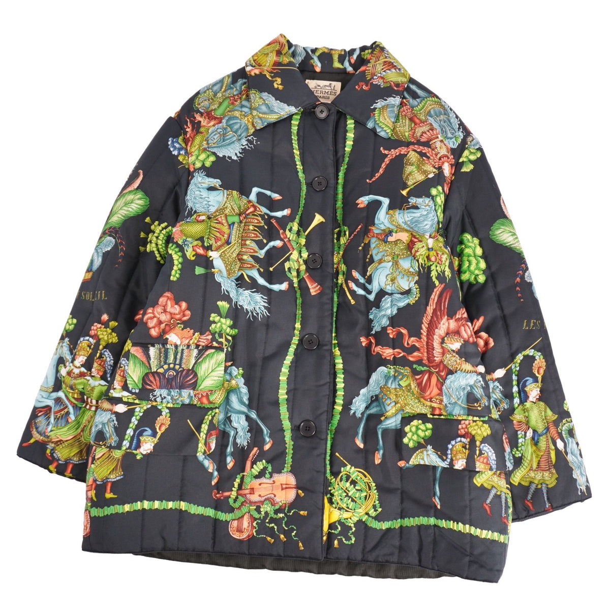 Vintage Hermès Les Fêtes du Roi Soleil Quilted Silk Jacket, Padded, Shirt Collar, Women’s Size 38, view 1