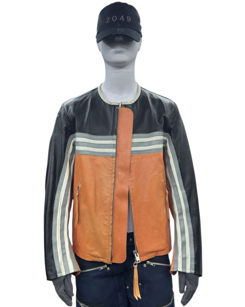 Y-3 SS2004 Heroes Leather Biker Jacket with Portrait Print, Orange and Black Cowhide, Size M, Made in Japan, view 1