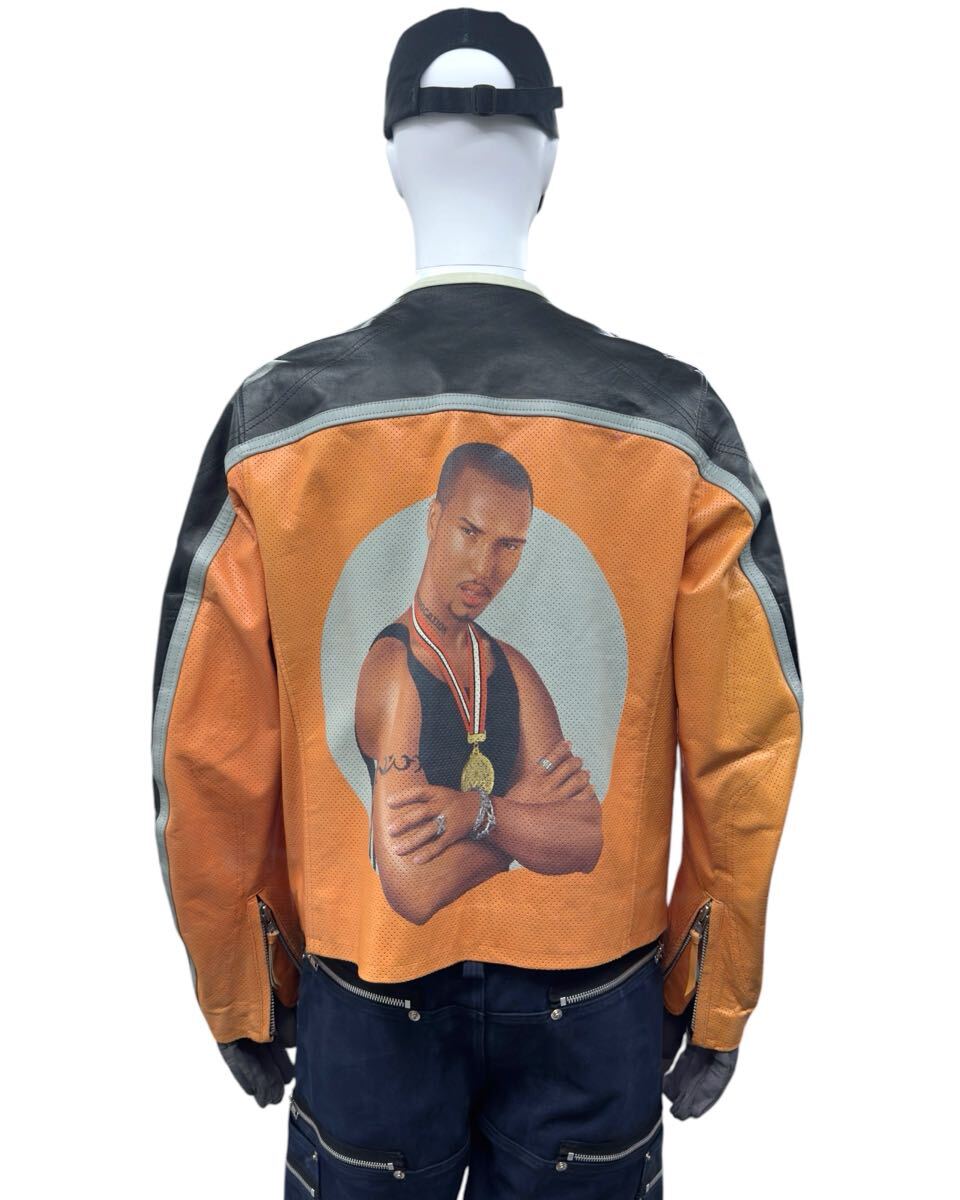 Y-3 SS2004 Heroes Leather Biker Jacket with Portrait Print, Orange and Black Cowhide, Size M, Made in Japan, view 2