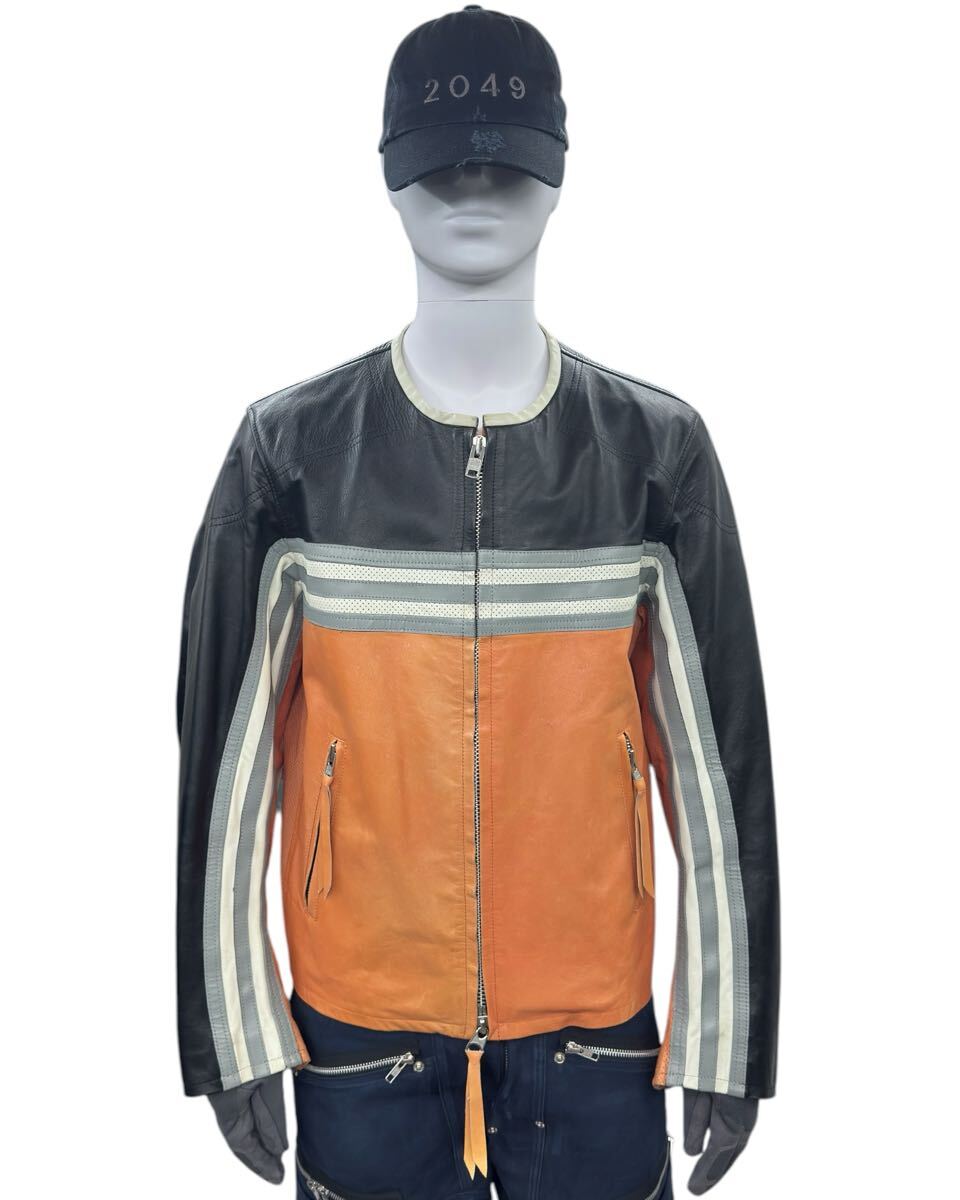 Y-3 SS2004 Heroes Leather Biker Jacket with Portrait Print, Orange and Black Cowhide, Size M, Made in Japan, view 3