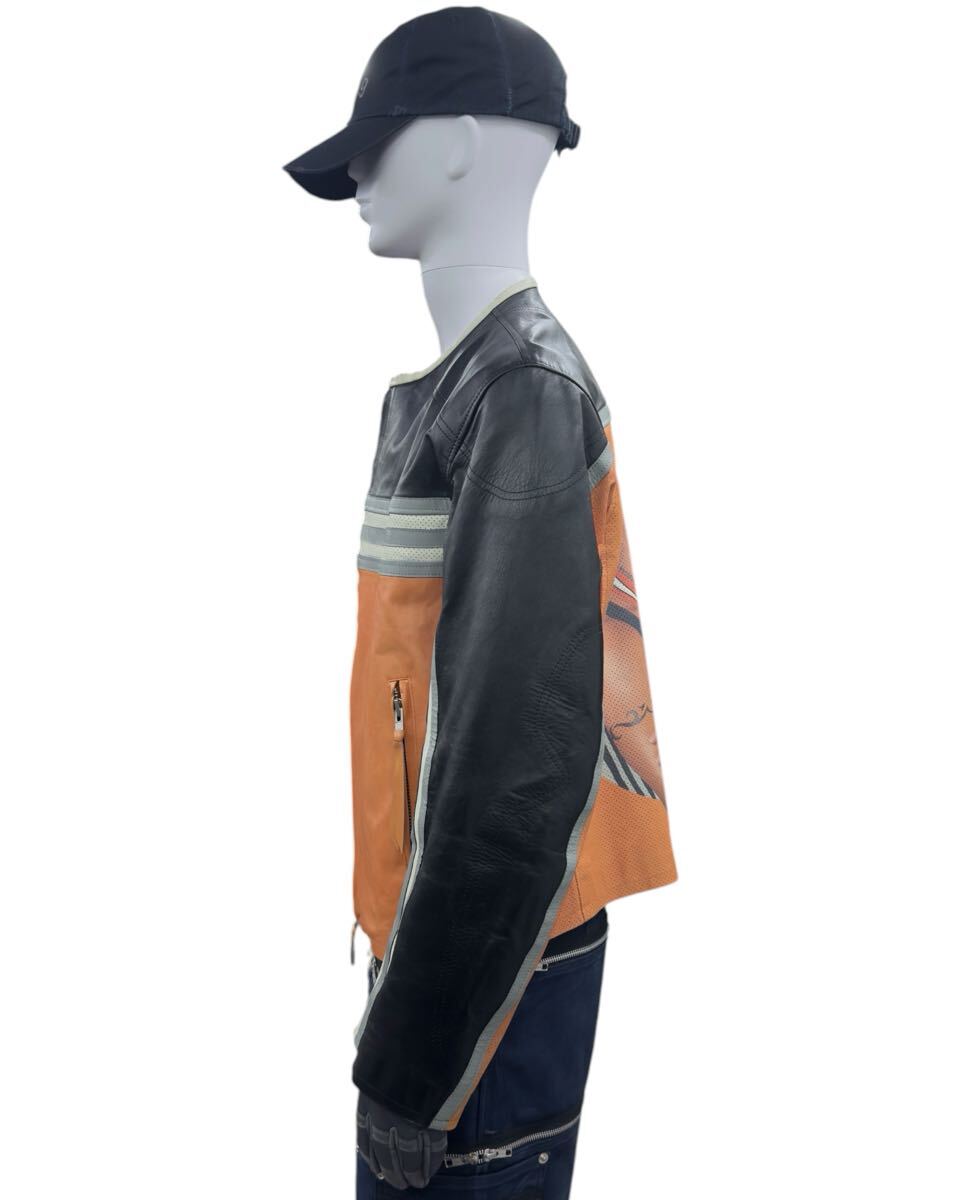 Y-3 SS2004 Heroes Leather Biker Jacket with Portrait Print, Orange and Black Cowhide, Size M, Made in Japan, view 4