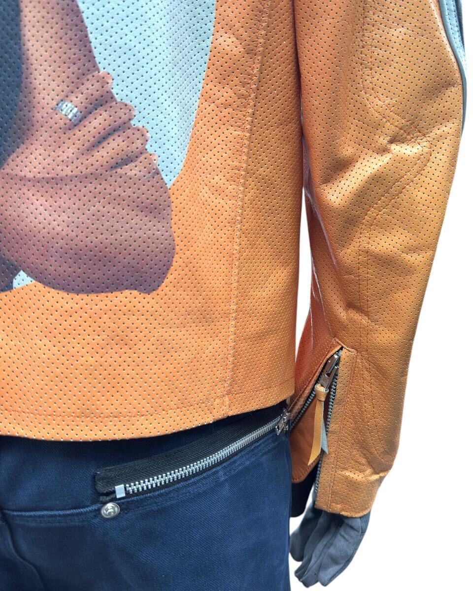 Y-3 SS2004 Heroes Leather Biker Jacket with Portrait Print, Orange and Black Cowhide, Size M, Made in Japan, view 8
