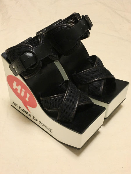 Y-3 Wedge Sandal M22374, 'My Name Is Yohji' Speech-Bubble Platform, Black Leather Straps, White Sole, JP 23.5, Boxed, view 1