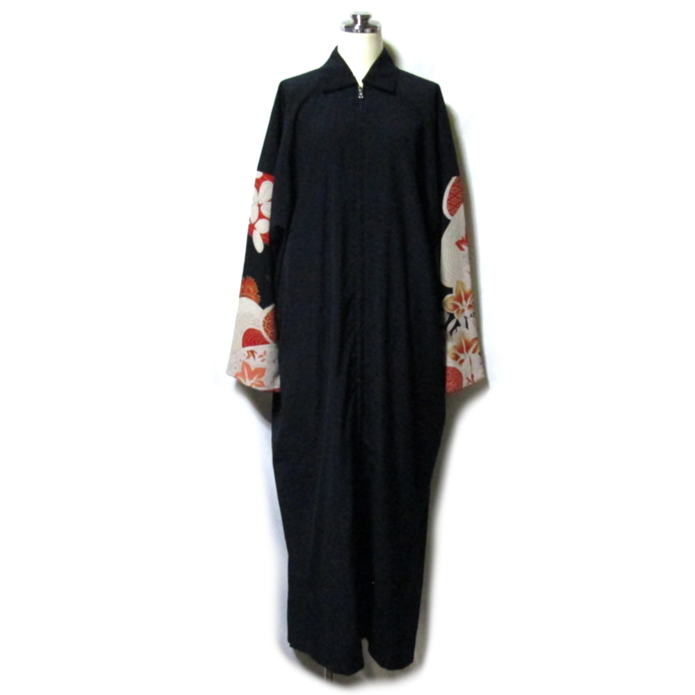 Yohji Yamamoto 1990s Black Gabardine Full-Zip Maxi Coat with Kimono Floral Sleeves, Size S, Made in Japan, view 1