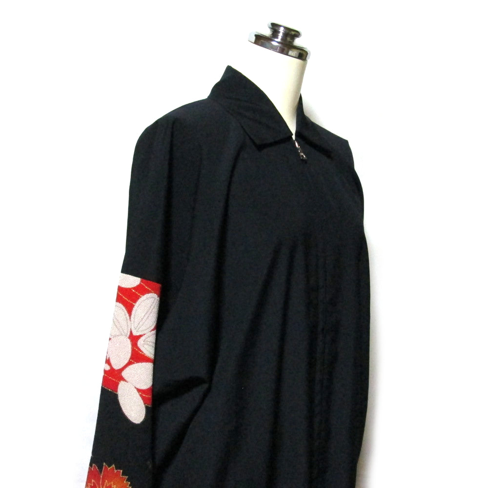 Yohji Yamamoto 1990s Black Gabardine Full-Zip Maxi Coat with Kimono Floral Sleeves, Size S, Made in Japan, view 2