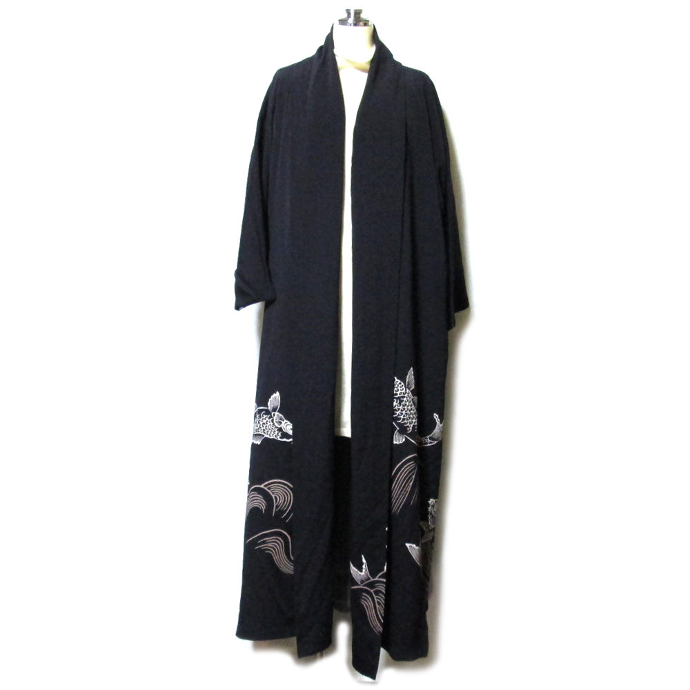 Yohji Yamamoto 1990s Silk Kimono Maxi Coat with Koi and Wave Motif, Black, Size S, Made in Japan, view 1