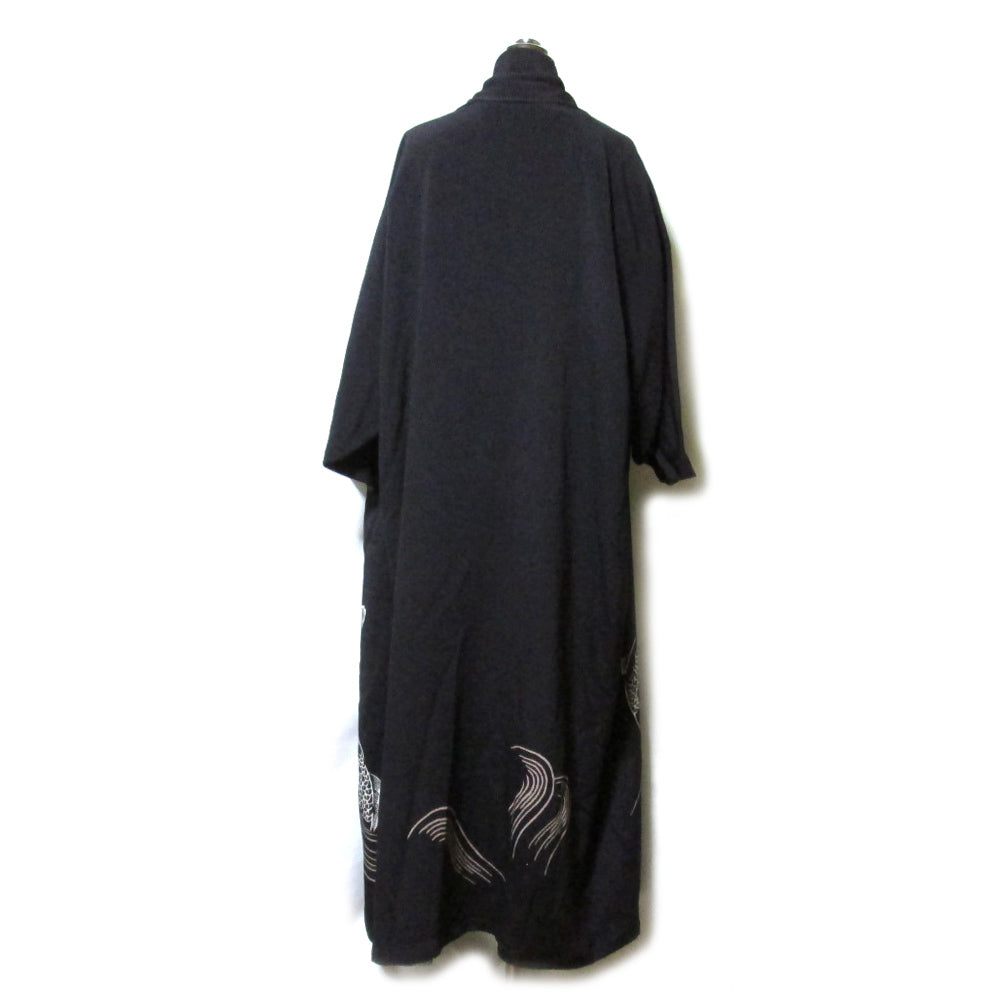 Yohji Yamamoto 1990s Silk Kimono Maxi Coat with Koi and Wave Motif, Black, Size S, Made in Japan, view 2