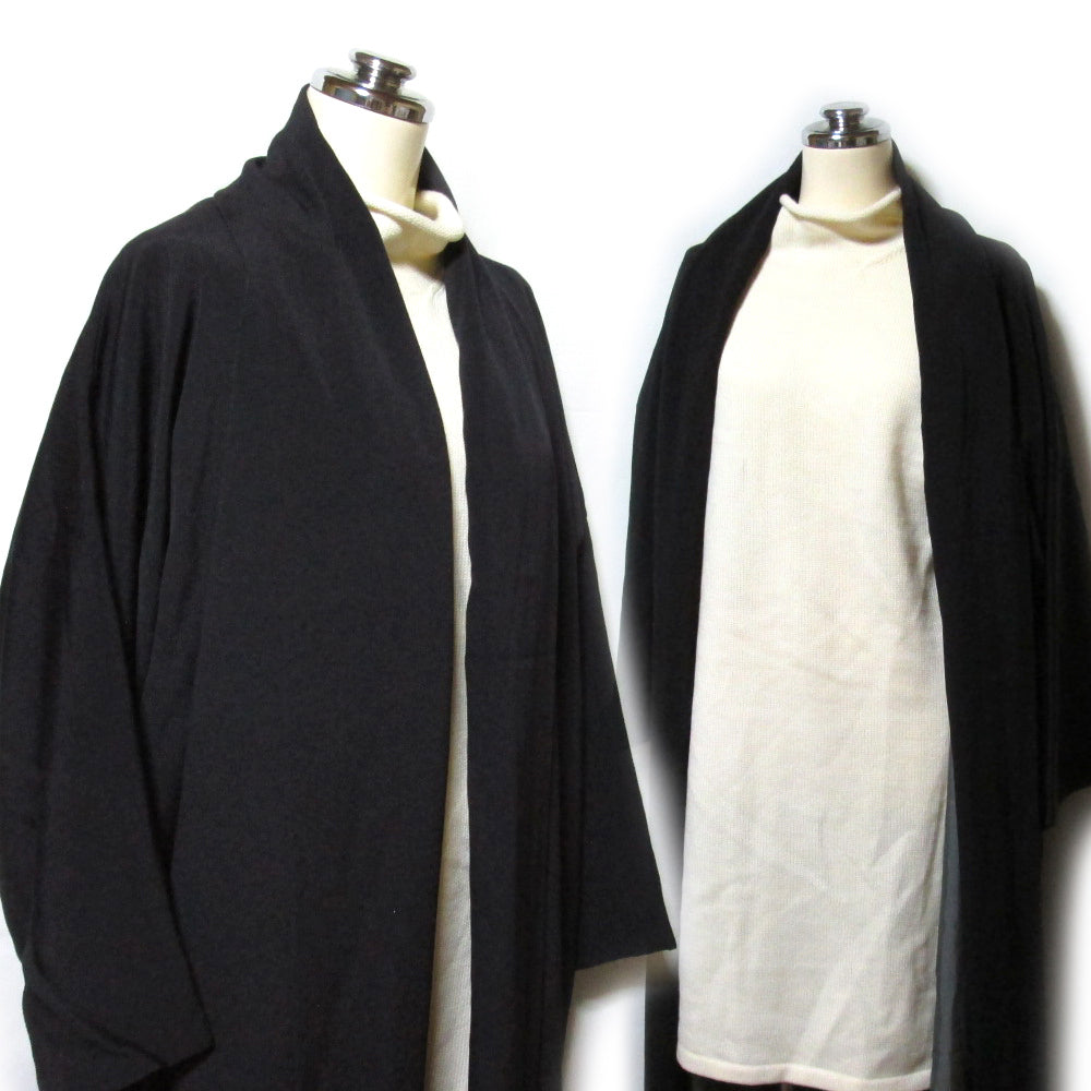 Yohji Yamamoto 1990s Silk Kimono Maxi Coat with Koi and Wave Motif, Black, Size S, Made in Japan, view 3
