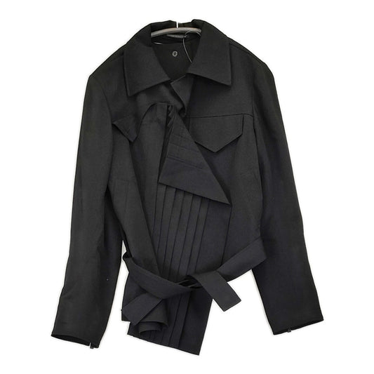 Yohji Yamamoto AW2023 Pleated Gabardine Jacket, Belted Snap Front with Zip Cuffs, Black Wool, Size 2, Unworn with Tags, view 1