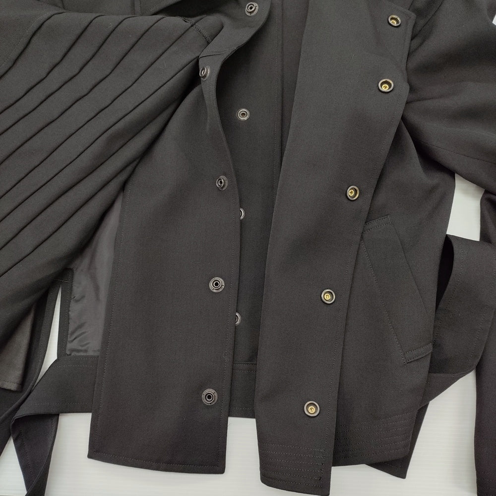 Yohji Yamamoto AW2023 Pleated Gabardine Jacket, Belted Snap Front with Zip Cuffs, Black Wool, Size 2, Unworn with Tags, view 5