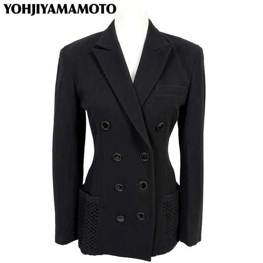 Yohji Yamamoto Femme Fitted Wool Jacket, Two-Row Button Front, Open-Mesh Hip Pockets, Peak Lapels, Black, Size S, view 1