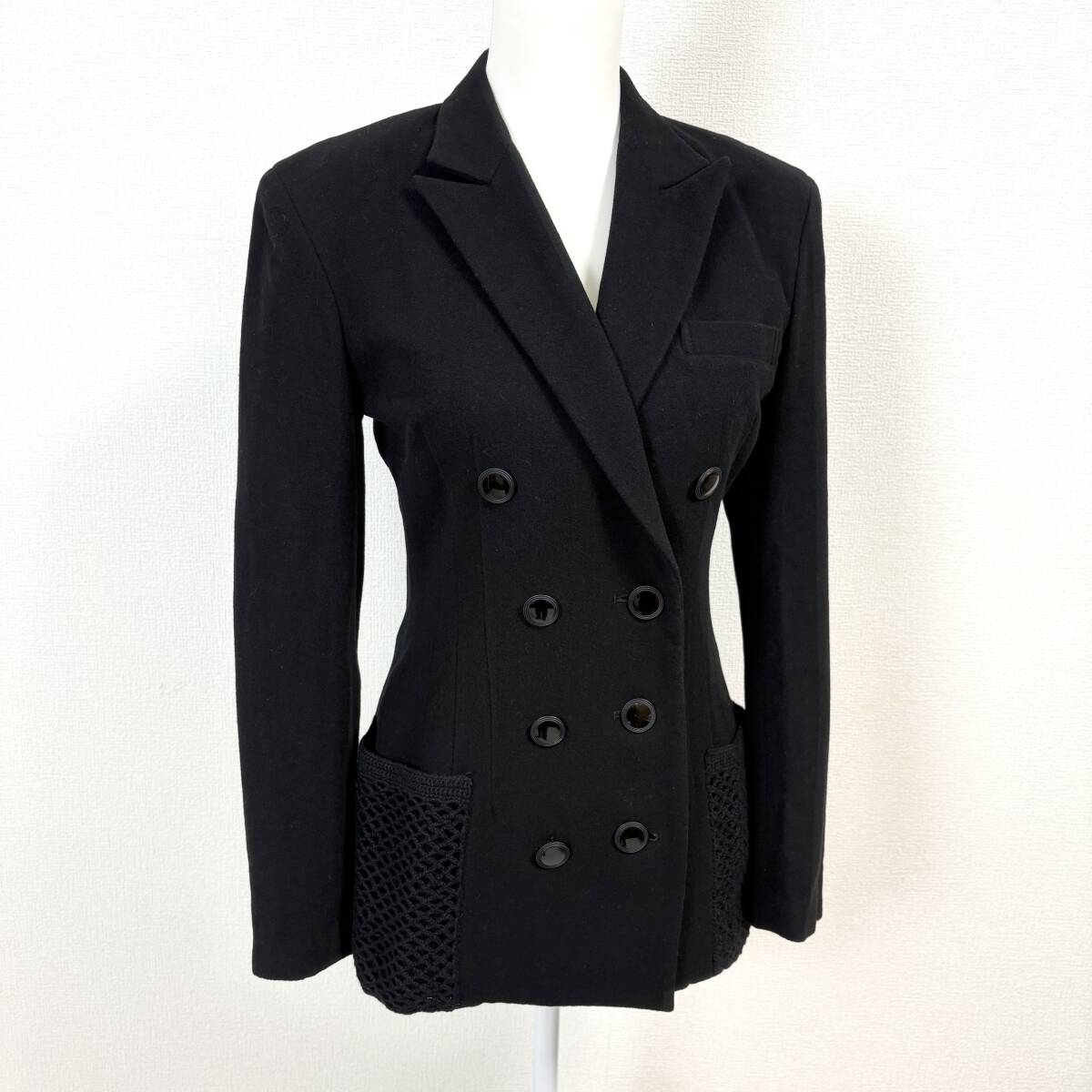 Yohji Yamamoto Femme Fitted Wool Jacket, Two-Row Button Front, Open-Mesh Hip Pockets, Peak Lapels, Black, Size S, view 2