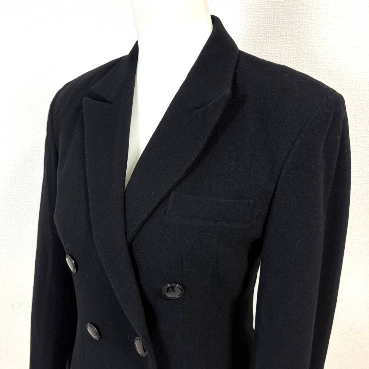 Yohji Yamamoto Femme Fitted Wool Jacket, Two-Row Button Front, Open-Mesh Hip Pockets, Peak Lapels, Black, Size S, view 6