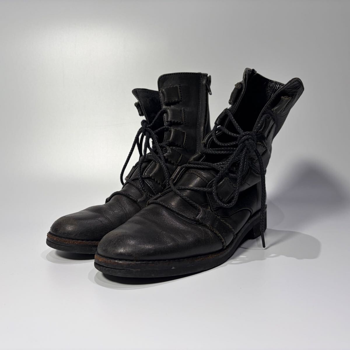 Yohji Yamamoto Femme Side-Zip Lace-Up Leather Boots FX-E07-753, Black with Strap Details, Size 5, view 1