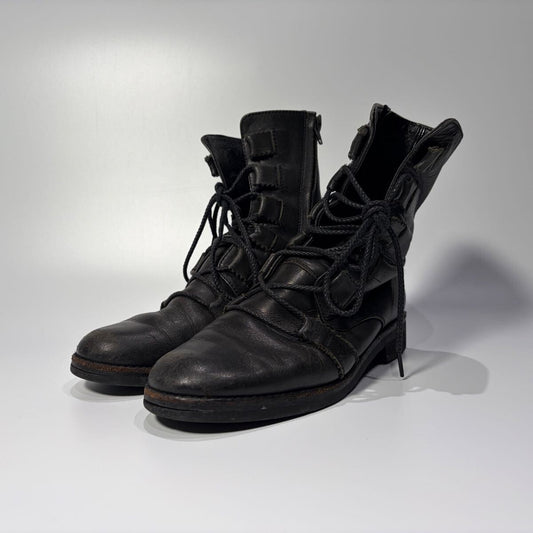 Yohji Yamamoto Femme Side-Zip Lace-Up Leather Boots FX-E07-753, Black with Strap Details, Size 5, view 1