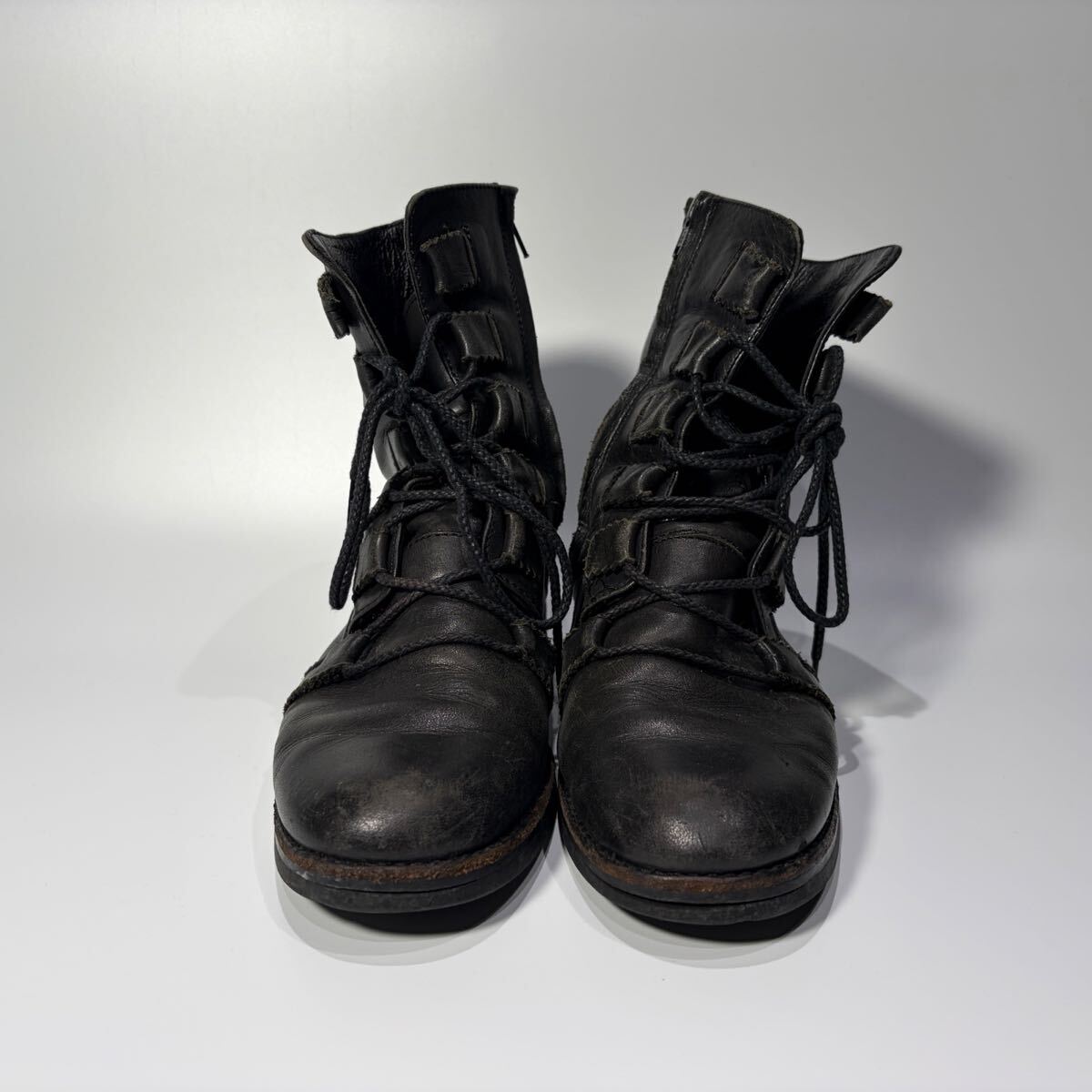 Yohji Yamamoto Femme Side-Zip Lace-Up Leather Boots FX-E07-753, Black with Strap Details, Size 5, view 2
