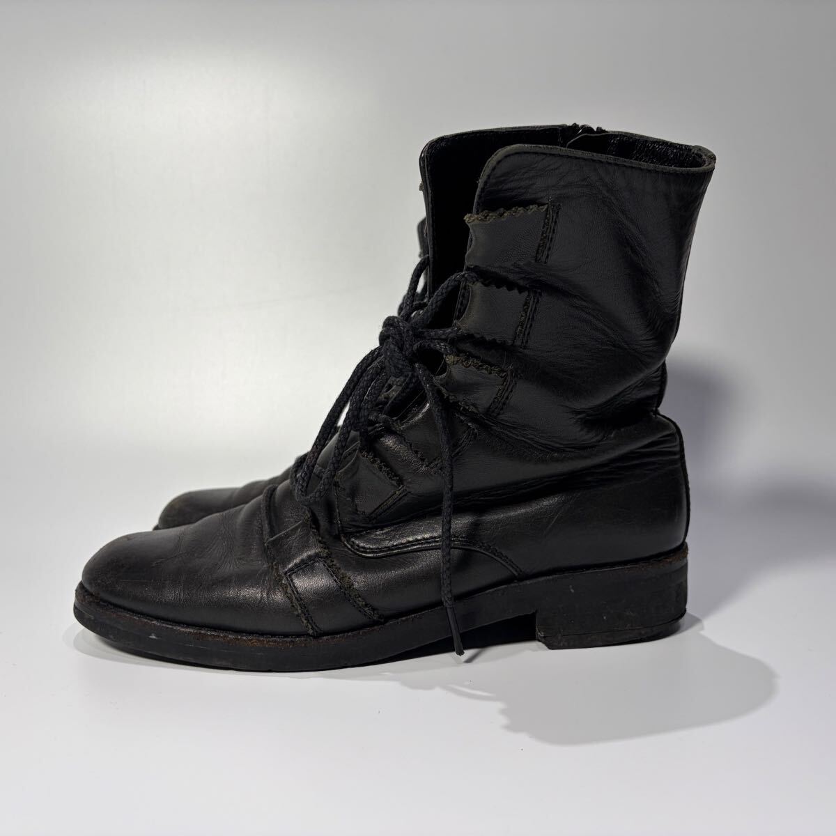 Yohji Yamamoto Femme Side-Zip Lace-Up Leather Boots FX-E07-753, Black with Strap Details, Size 5, view 3