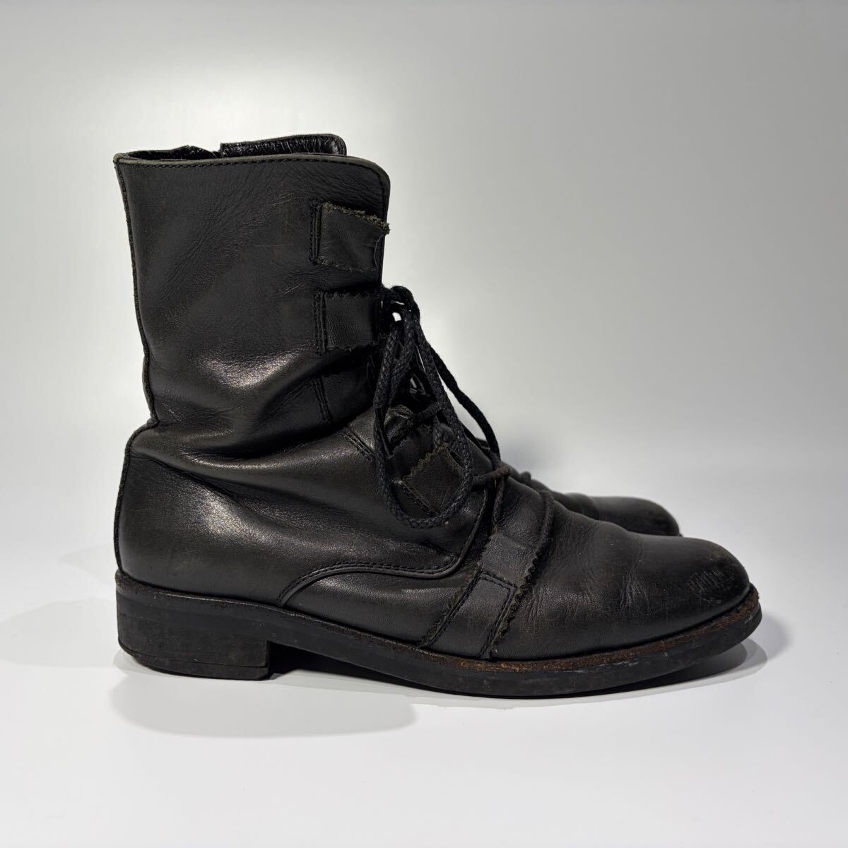Yohji Yamamoto Femme Side-Zip Lace-Up Leather Boots FX-E07-753, Black with Strap Details, Size 5, view 4