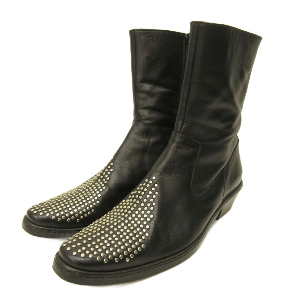 Yohji Yamamoto Femme Studded Western Ankle Boots, Silver Studwork Toe, Side Zip, Black Leather, JP 23.5, view 1