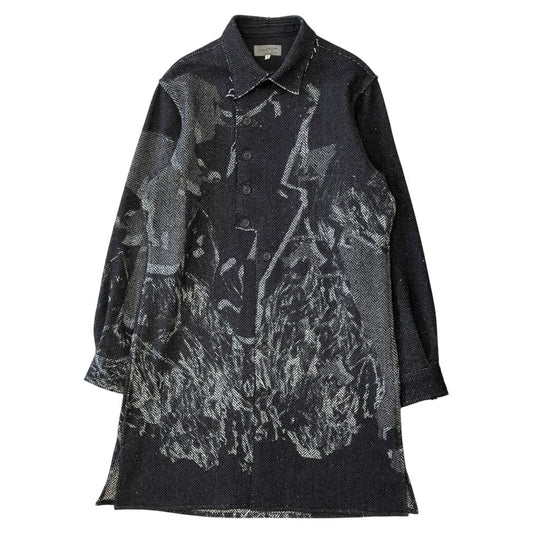 Yohji Yamamoto Pour Homme AW2019 Asymmetric Herringbone Long Shirt Jacket with Women Print, Black, Size 2, view 1