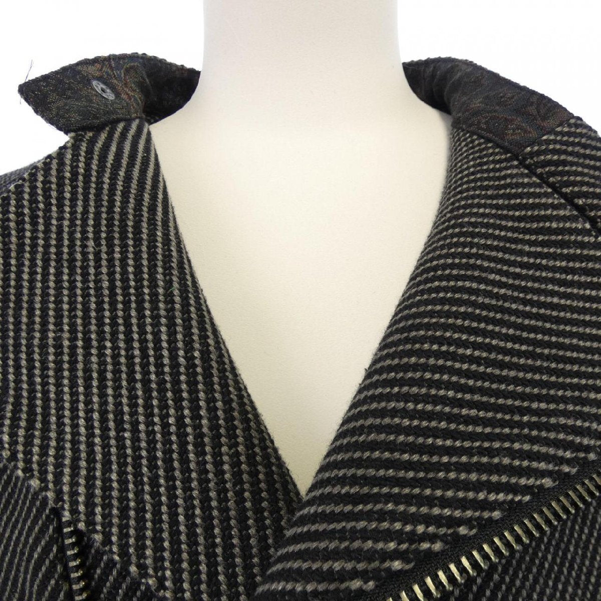 Yohji Yamamoto Pour Homme AW2024 Asymmetric Zip Blouson, Diagonal Stripe with Paisley Collar, Black Grey, Size 2, view 3