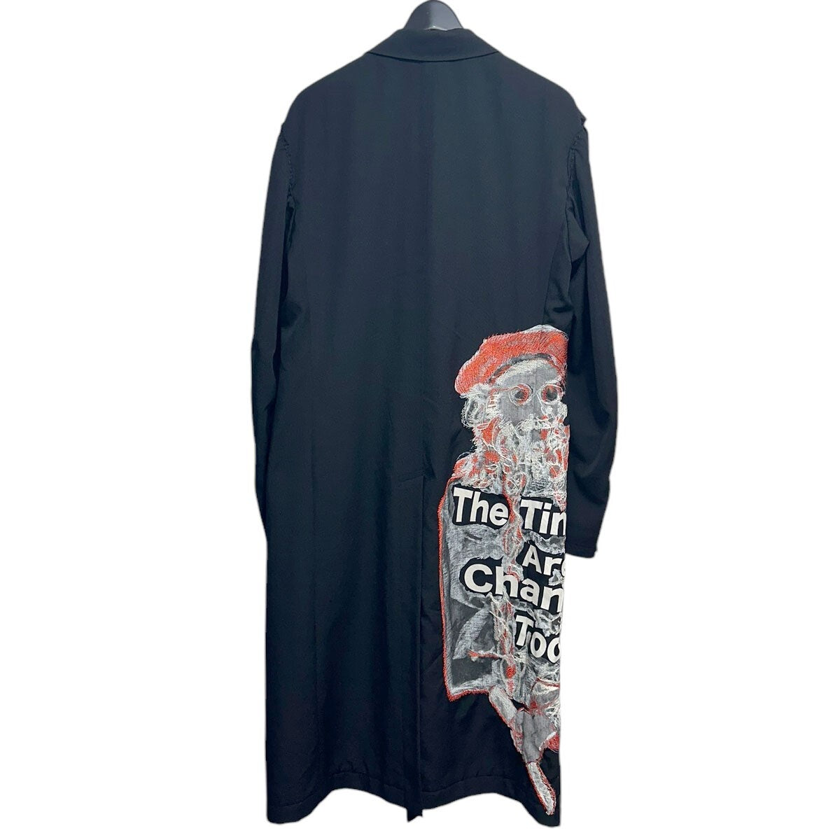 Yohji Yamamoto Pour Homme Long Jacket with The Times They Are A-Changin' Embroidered Portrait, Black, Size 3, view 2