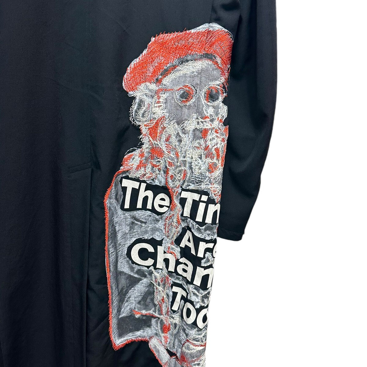 Yohji Yamamoto Pour Homme Long Jacket with The Times They Are A-Changin' Embroidered Portrait, Black, Size 3, view 3