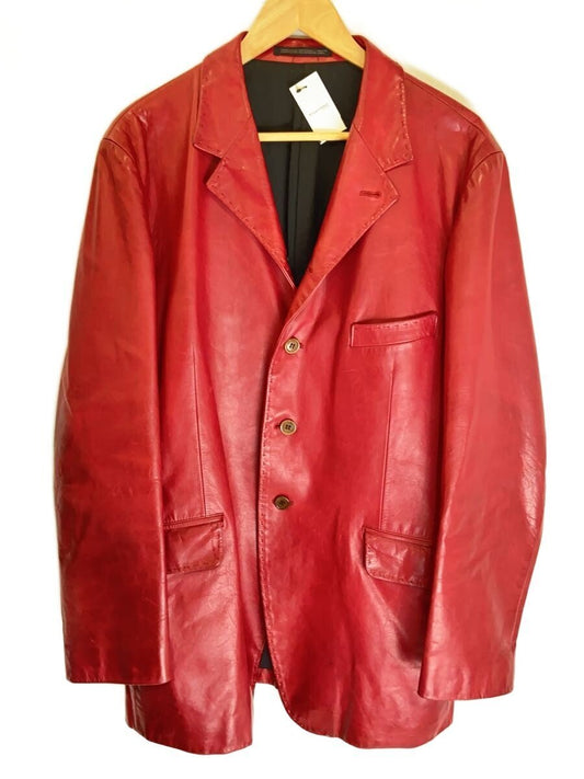 Yohji Yamamoto Pour Homme Red Leather Three-Button Blazer, Cowhide, Size 3, 1990s Archive, Made in Japan, view 1