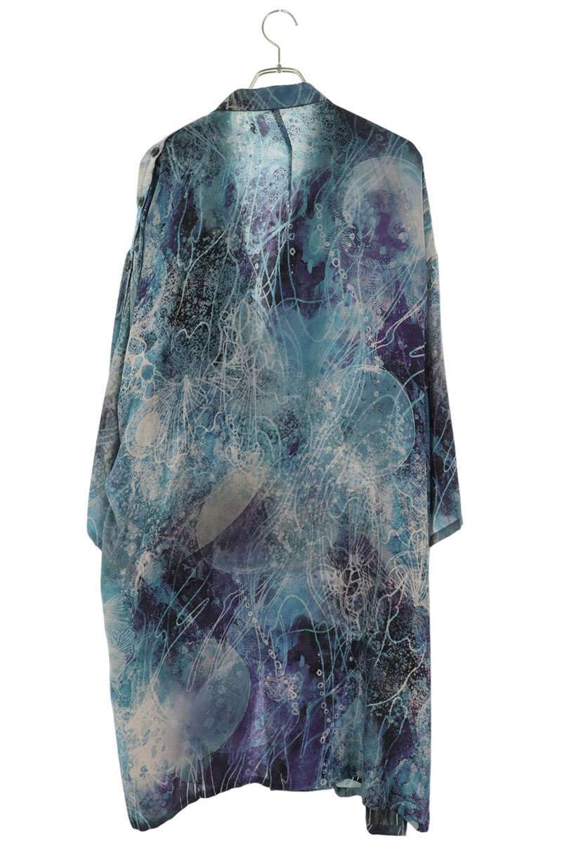 Yohji Yamamoto Pour Homme Silk Long Jacket with Ocean Print and NO PLASTIC Message, Blue, Size 2, HK-J75-452, view 2