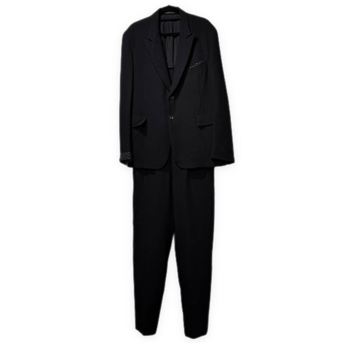 Yohji Yamamoto Pour Homme SS1995 Wool Suit with Kogin-Style Stitched Cuffs, Peak Lapel Jacket and Trousers, Black, view 1