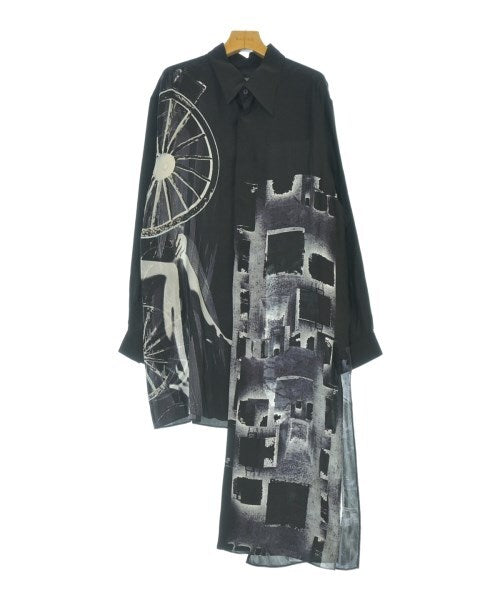 Yohji Yamamoto Pour Homme SS2025 Wheel Printed Asymmetry Blouse, Long Black Silk Shirt with Grey Print, Size 2, view 1