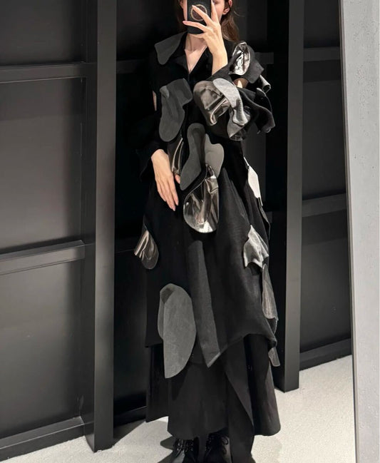 Yohji Yamamoto SS2025 Motif Big Coat, Black Linen with Appliquéd Petals in Grey and Silver, Size 2, Tried On Only, view 1