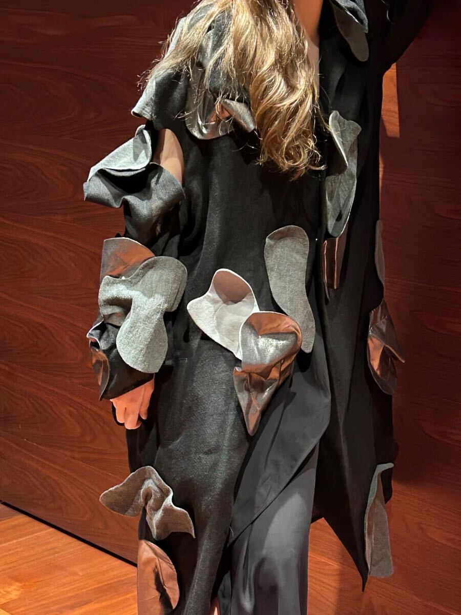 Yohji Yamamoto SS2025 Motif Big Coat, Black Linen with Appliquéd Petals in Grey and Silver, Size 2, Tried On Only, view 2
