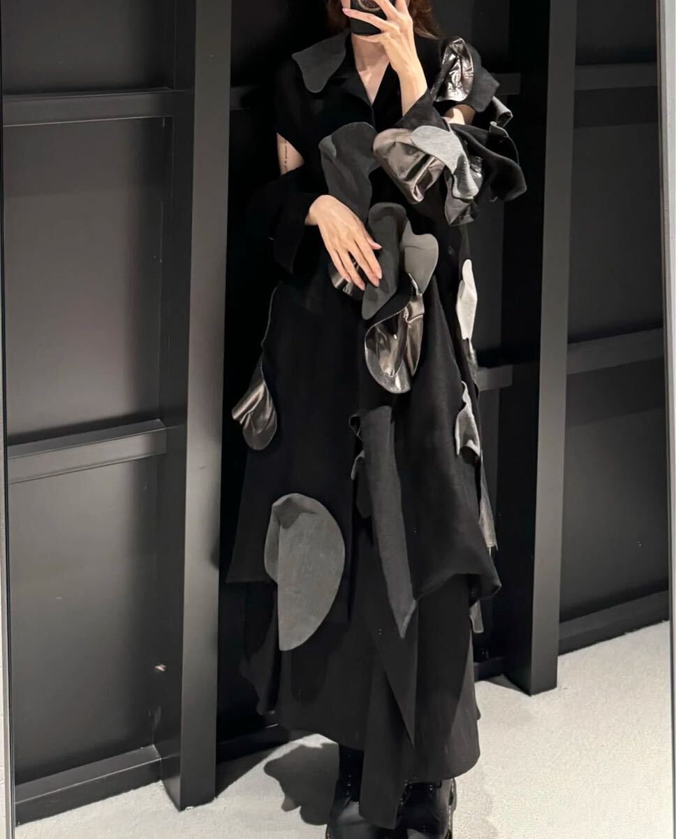 Yohji Yamamoto SS2025 Motif Big Coat, Black Linen with Appliquéd Petals in Grey and Silver, Size 2, Tried On Only, view 4