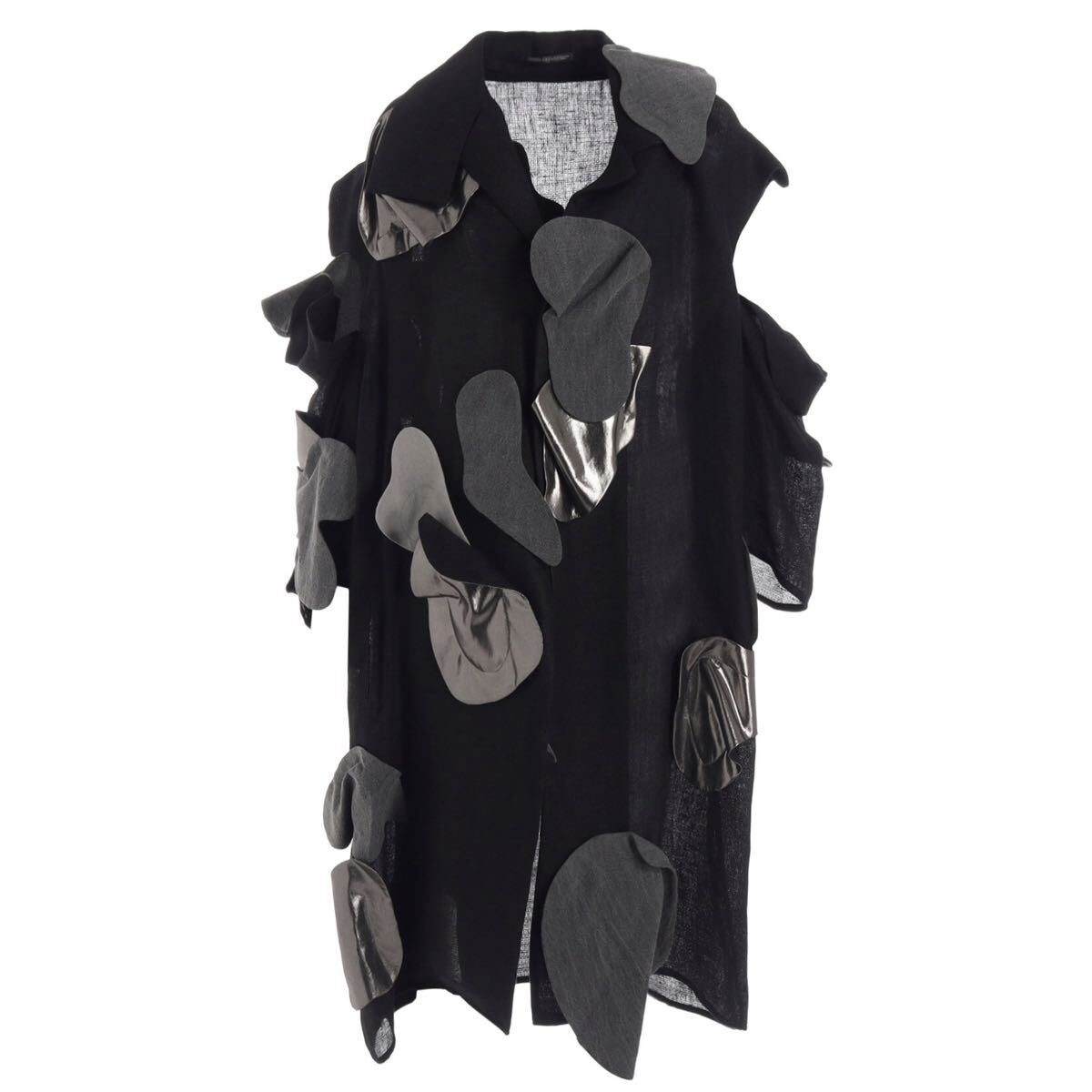 Yohji Yamamoto SS2025 Motif Big Coat, Black Linen with Appliquéd Petals in Grey and Silver, Size 2, Tried On Only, view 5