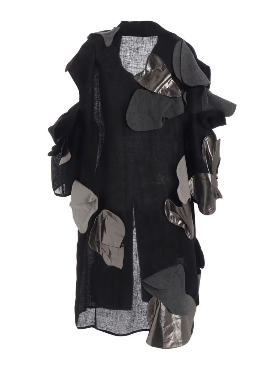 Yohji Yamamoto SS2025 Motif Big Coat, Black Linen with Appliquéd Petals in Grey and Silver, Size 2, Tried On Only, view 6