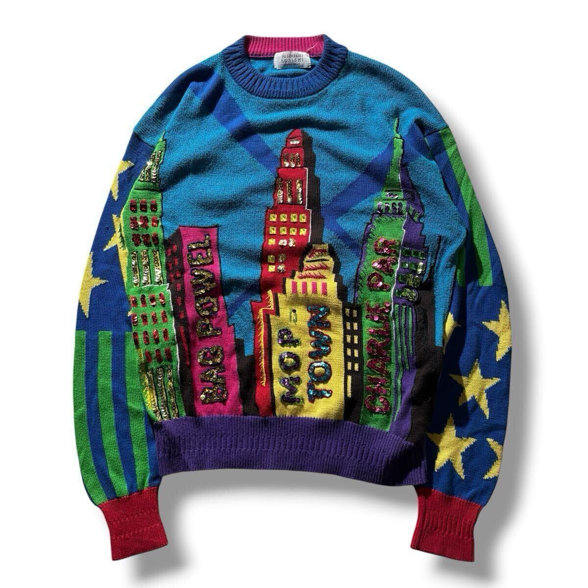 Yoshiyuki Konishi 1990s New York Skyline Intarsia Knit with Sequins and Viva Ficce Back, Multicolour, view 1